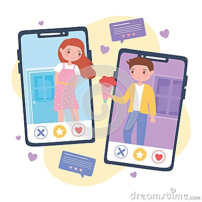 couple in love having virtual romantic relationship online, dating application Vector Illustration