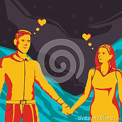 A couple in love holding hands on the background of the starry sky. Above the head of the thought-clouds in the form of hearts. Vector Illustration