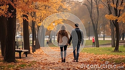 Couple in love holding hands on a walk in the park in autumn Stock Photo