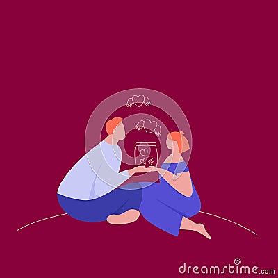 Couple in love holding a jar of hearts. Vector Illustration