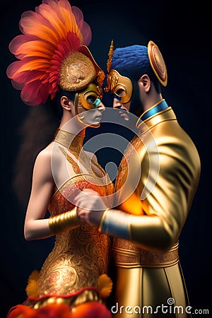 Illustration of Gay couple with mask dancing and flirting in dark background. Illustration. Generative ai Stock Photo