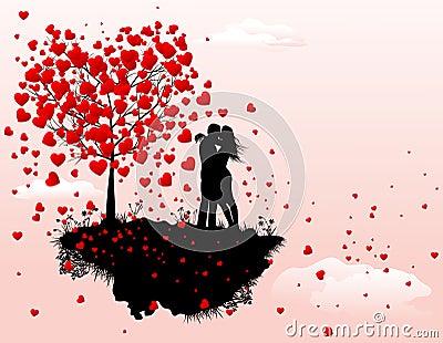 Couple in love next to a tree with hearts Vector Illustration