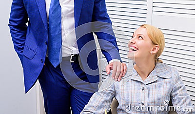 Couple in love. partnership. love affair at work. Banned relations at work. Sexual harassment workplace. Woman office Stock Photo