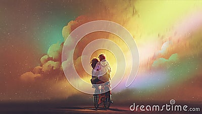 Couple in love riding on bicycle Cartoon Illustration