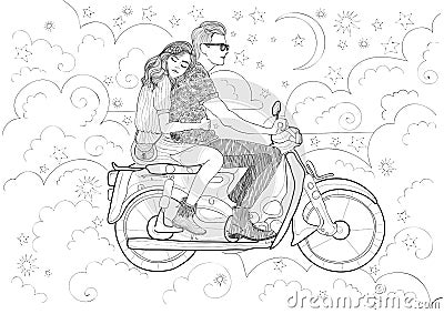 Couple in love riding a motorbike Vector Illustration