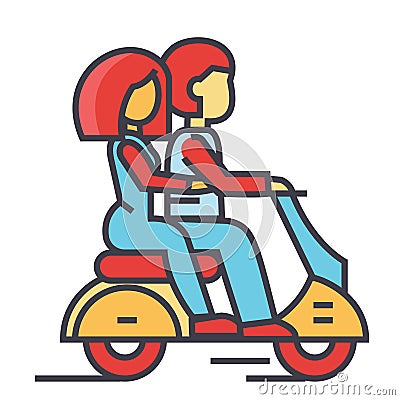 Couple in love riding a motorcycle, happy man with woman driving a scooter concept. Vector Illustration