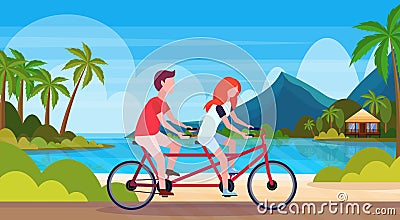 Couple in love riding tandem bicycle summer vacation sea beach landscape beautiful seaside man woman lovers cycling twin Vector Illustration