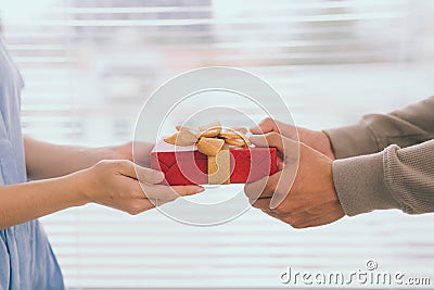 Couple in love. Romantic man giving gift to his girlfriend Stock Photo