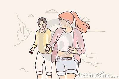 Couple in love runs along beach enjoying joint vacation and trip to exotic island in ocean Vector Illustration