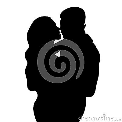 Couple in love silhouette, lovers beautiful man and woman hugging and are going to kiss outlines, icon, black and white outline dr Vector Illustration