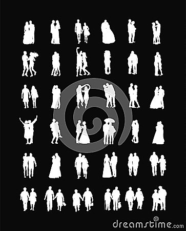 Couple in love silhouette vector big collection. Woman and man in love. Girl and boy dancing. Wedding couple, bride and groom. Vector Illustration