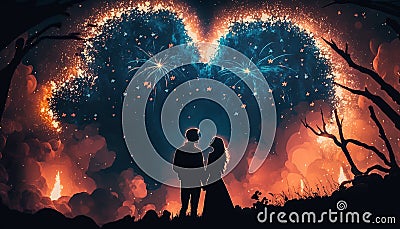 couple in love silhouettes on the background of fireworks .Generative AI Stock Photo