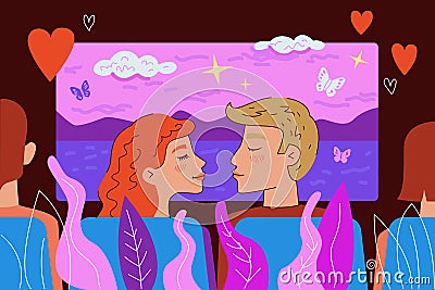 Couple in love sits in cinema on background screen with melodrama and kiss. Romantic date in movie theater. Valentine Vector Illustration