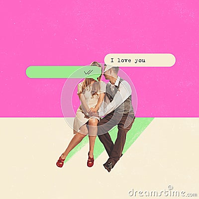 Contemporary art collage. Couple in love sitting and talking. Retro, vintage style. Minimalism. Old-fashioned and modern Stock Photo