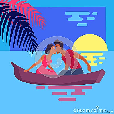 Couple in Love Swims on Purple Canoe and Kisses Vector Illustration