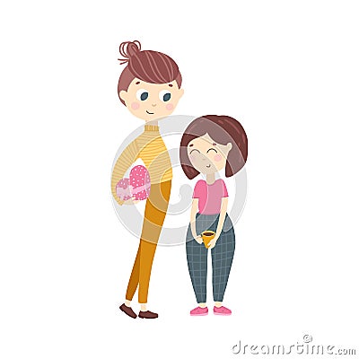 Couple in love. A tall boy gives a girl a Valentine's Day gift. Date. Cute childish illustration in simple hand drawn Cartoon Illustration