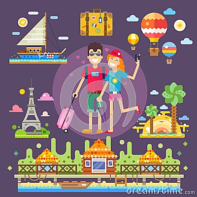 Couple in love, travels the world Vector Illustration