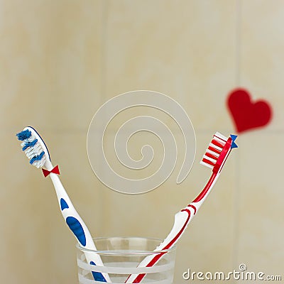 Couple in love of two toothbrushes.St. Valentines Day. Stock Photo