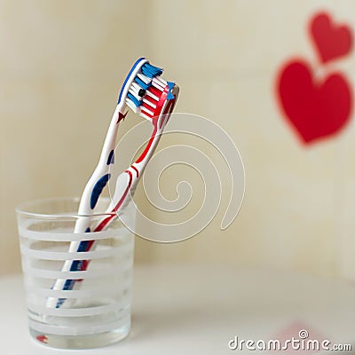 Couple in love of two toothbrushes.St. Valentines Day. Stock Photo