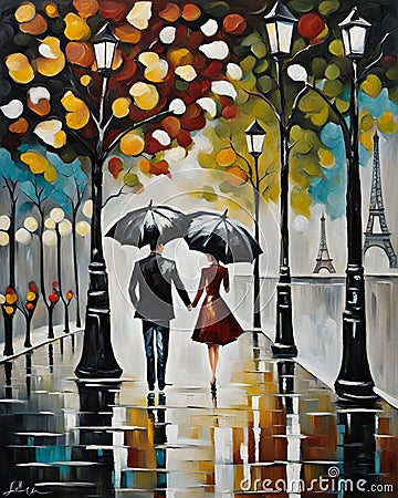 couple in love walking in Paris, night, fall, rainy, misty, digital painting, deep brush strokes Cartoon Illustration