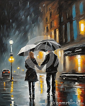 couple in love walking in Paris, night, fall, rainy, misty, digital painting, deep brush strokes Cartoon Illustration