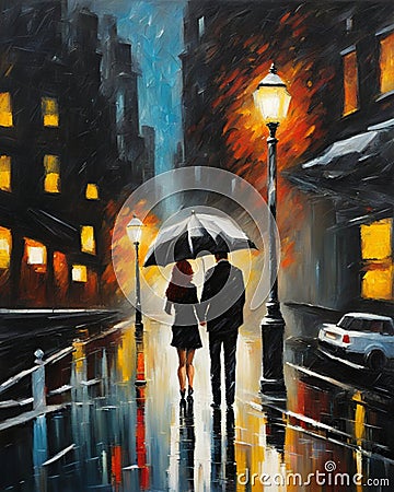 couple in love walking in Paris, night, fall, rainy, misty, digital painting, deep brush strokes Cartoon Illustration