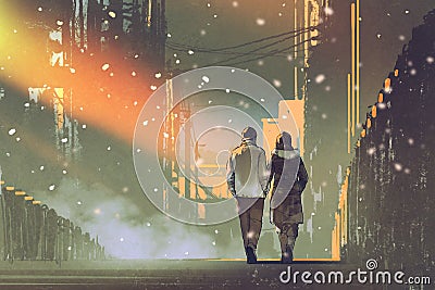 Couple in love walking on street of city Cartoon Illustration