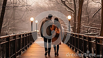 Couple in love walking on a wooden bridge in a winter park Stock Photo