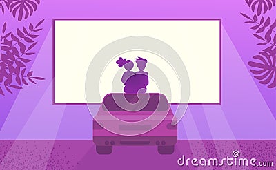 Couple in love watching movie sitting on car. Outdoor cinema Night Vector Illustration