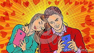 A couple in love, a young man and a girl are chatting on social networks by phone Vector Illustration