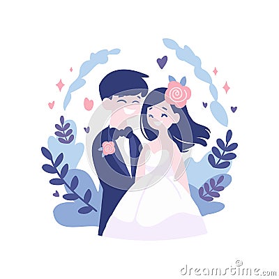 couple with lovely wedding in flat style isolated on background Vector Illustration