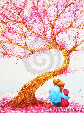 Couple lover sitting under love tree valentines day watercolor painting Stock Photo
