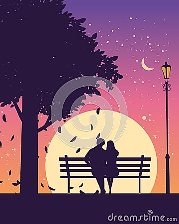 Couple lovers on bench in park, under tree, autumn. Sunset, night, stars. Vector illustration silhouette Vector Illustration