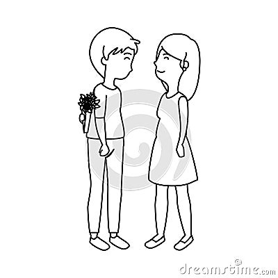 Couple lovers hiding bouquet of roses Vector Illustration