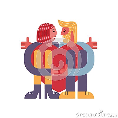 A couple of lovers hugging a heart. Man and woman. Card for Valentine`s Day. Abstract people. Vector illustration Vector Illustration