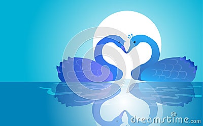 A couple of lovers' swans. Pink and light blue Swan swim towards each other. Cute greeting card for wedding invitation, for Cartoon Illustration