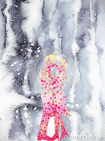 Couple lovers sweet love in winter watercolor painting hand drawing Stock Photo