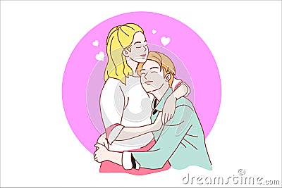 Couple lovers tenderness and romantic feelings hug kiss help each other feeling of love. Cartoon Illustration