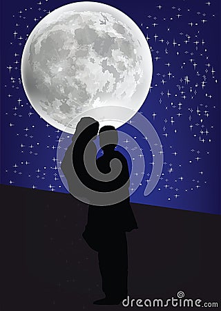 Couple of lovers on the wall background the moon Vector Illustration