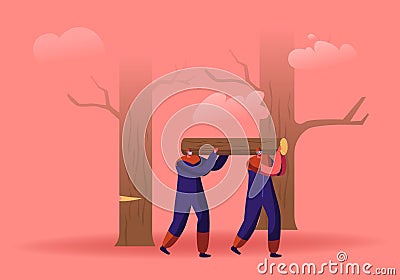 Couple of Lumberjack Laborers Carrying Heavy Wooden Log on Shoulders in Forest. Woodcutters Working in Wood Logging Vector Illustration