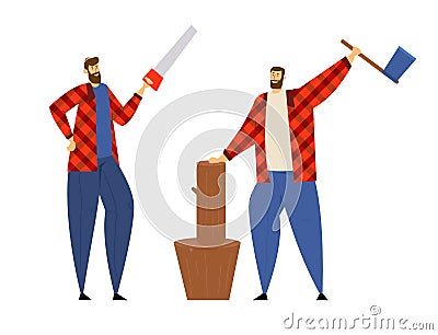 Couple of Lumberjack Male Characters in Plaid Shirt Standing in Different Poses Holding Axe and Saw in Hands. Worker Vector Illustration