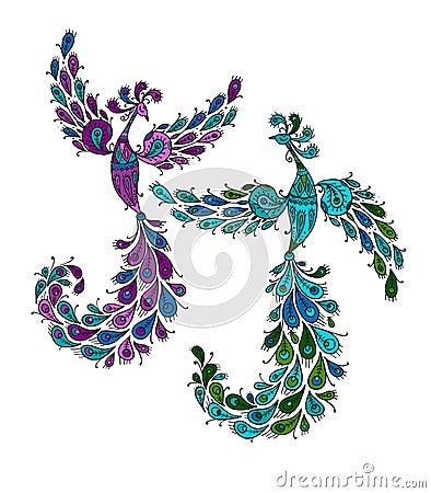 Couple of Magic Fairy Birds. Phoenix Birds. Mythical character. Ornamental Silhouette for your design Vector Illustration