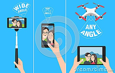 Couple making selfie with drone, selfiestick and using hands. showing different angles and abilities of devices. Vector Illustration