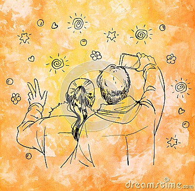 Couple making selfie. Ink graphic illustration on watercolor background. Cartoon Illustration