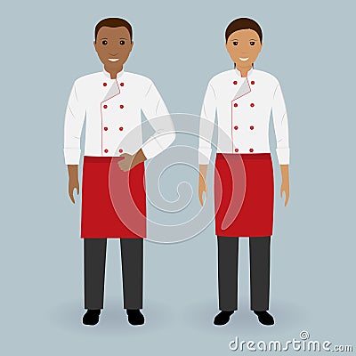 Couple of male and female chefs standing together in uniform. Cooking food characters. Restaurant team concept. Vector Illustration