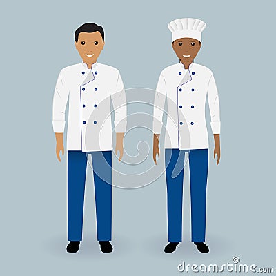 Couple of male and female chefs standing in uniform. Cooking food characters. Restaurant team concept. Vector Illustration