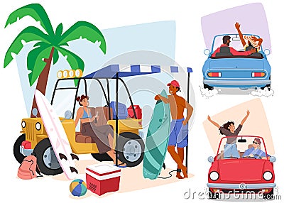 Couple Man And Woman Characters Road Travel. People Driving Through Scenic Landscapes. Journey, Adventure Vector Illustration