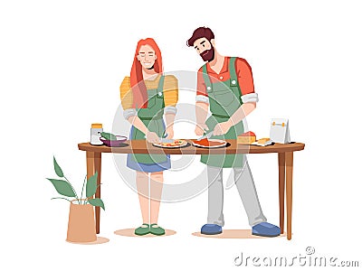 Couple man and woman cooks pizza together at table Vector Illustration