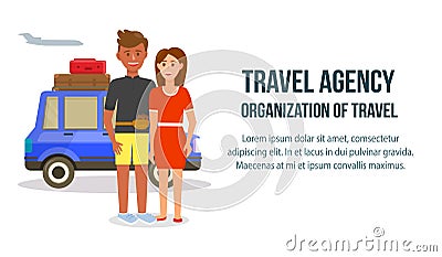 Couple of Man and Woman Going to Travel by Car Vector Illustration