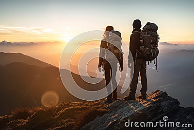 Couple of man and woman hikers on top of a mountain at sunset or sunrise Stock Photo